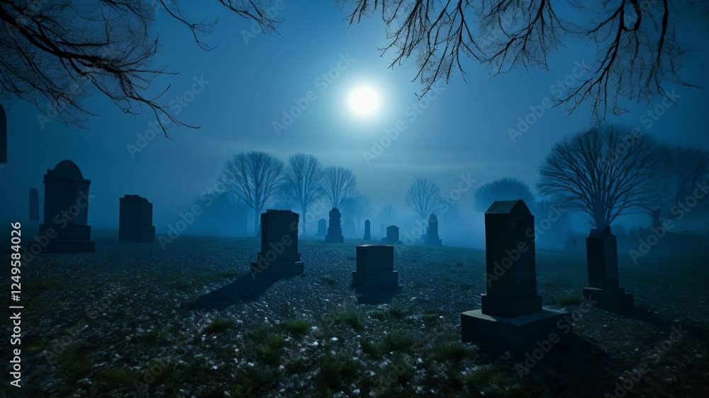 Graveyard illuminated by moonlight, featuring eerie shadows and tombstones that evoke a chilling atmosphere Graveyard illuminated by moonlight, featuring eerie shadows and tombstones that evoke a chilling atmosphere