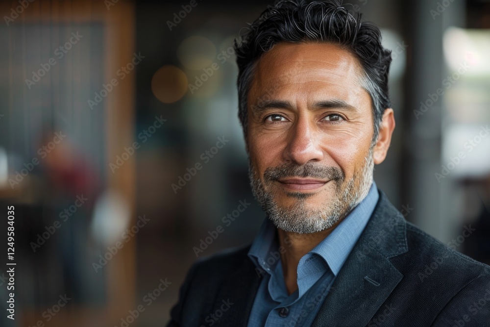 Fototapeta premium A middle-aged man with short, dark hair and a beard smiles warmly at the camera.