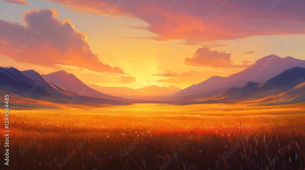 Obraz premium Golden sunset over vast mountain meadow, peaceful landscape, nature background, ideal for travel brochures