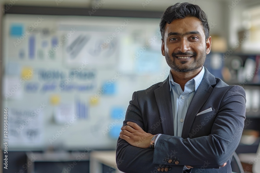 Obraz premium Confident businessman with arms crossed, smiling, in a modern office setting.