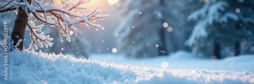 Snowflakes softly fall on a frosted winter landscape , rural, magic