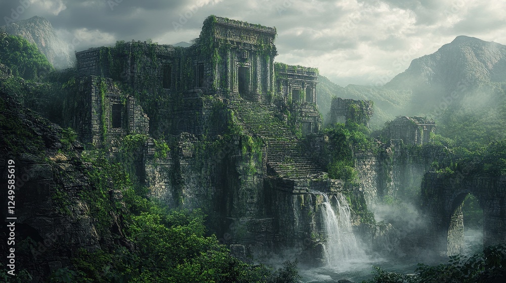 Fototapeta premium Ancient temple ruins are overtaken by lush green vegetation