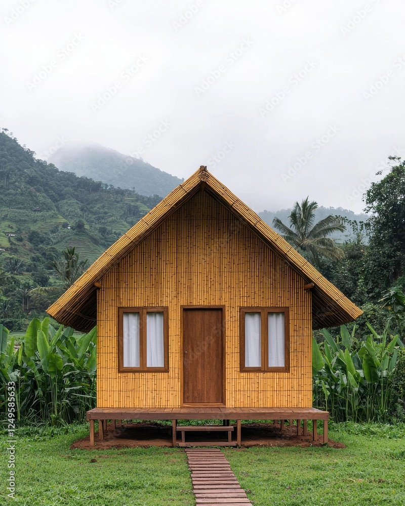 A quaint bamboo house set against a lush green landscape, surrounded by mountains and a cloudy sky, offering a serene retreat in nature. A quaint bamboo house set against a lush green landscape, surrounded by mountains and a cloudy sky, offering a serene retreat in nature.