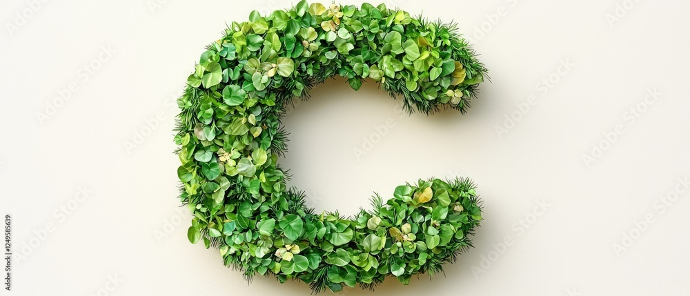 A decorative letter 'C' made of various green plants and leaves. A decorative letter 'C' made of various green plants and leaves.