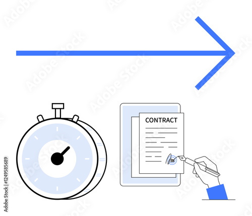 Stopwatch, contract document, hand signing with pen, large forward arrow. Ideal for business execution, fast service, quick decisions, time management, efficiency productivity abstract line flat