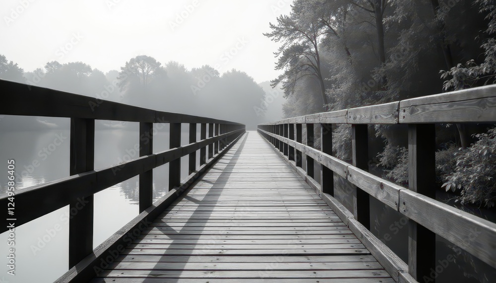 Fototapeta premium Striped monochrome wooden bridge spanning tranquil water, scenic, nature