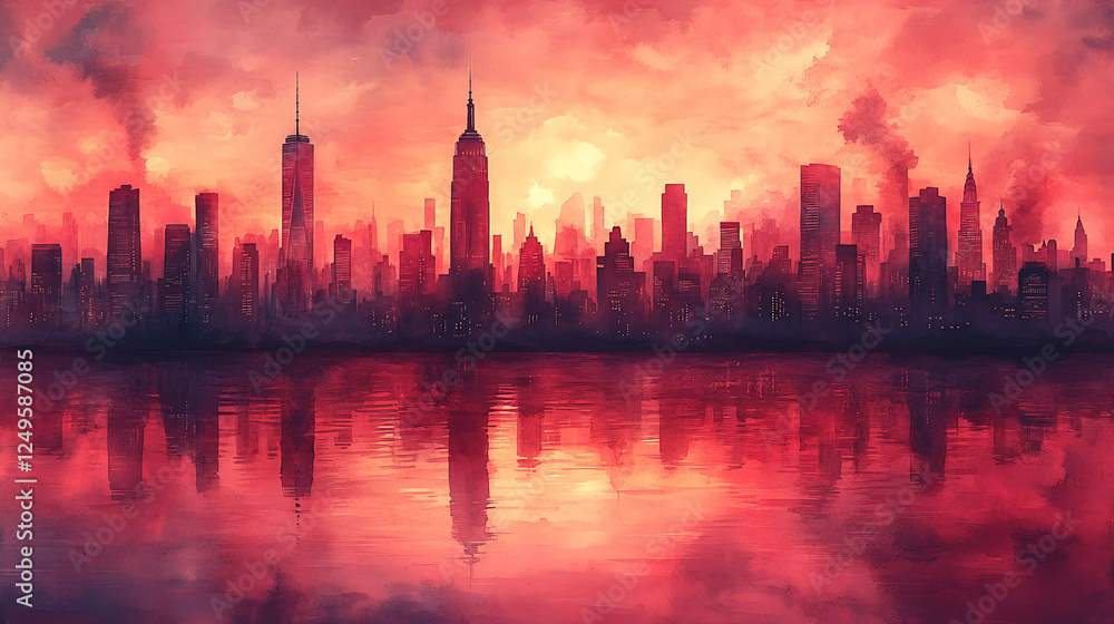 Create a transparent layers of water colors on the NYC skyline in pastel tones of pinks violets and peach Create a transparent layers of water colors on the NYC skyline in pastel tones of pinks violets and peach