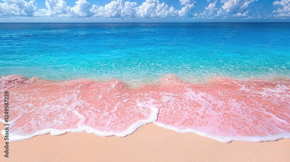 A serene beach scene with turquoise water and pink sand waves under a bright sky. A serene beach scene with turquoise water and pink sand waves under a bright sky.