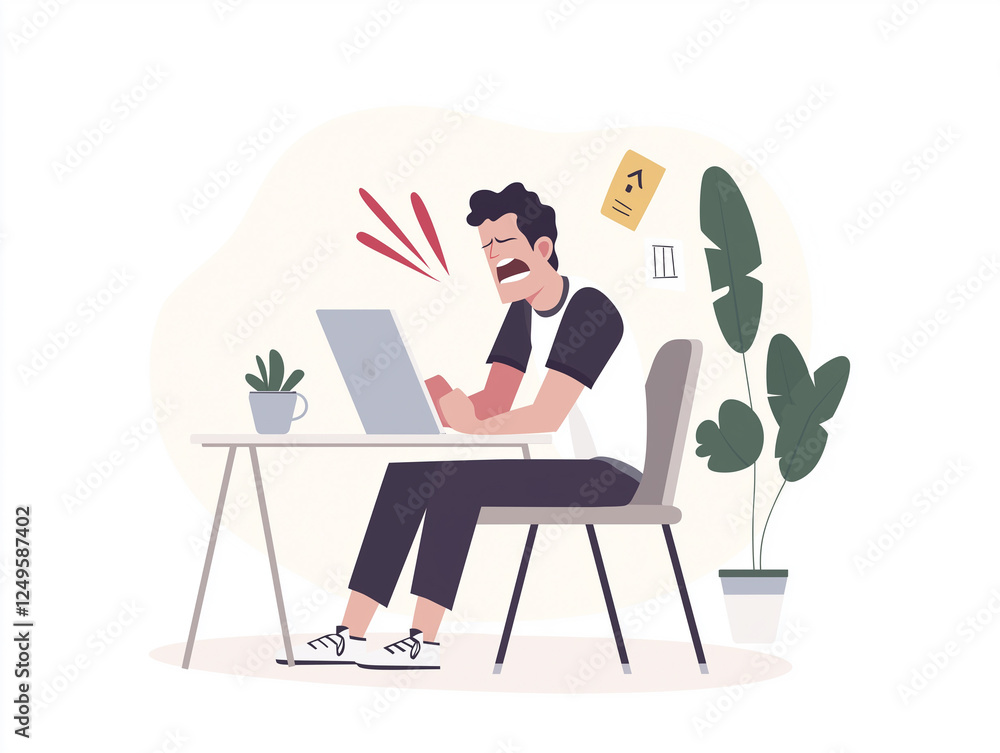 office manager shouting at his laptop in anger and rage, flat illustration, burnout theme office manager shouting at his laptop in anger and rage, flat illustration, burnout theme