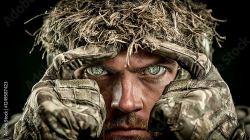 Soldier in camouflage gear demonstrates keen focus and intense concentration while preparing for tactical mission