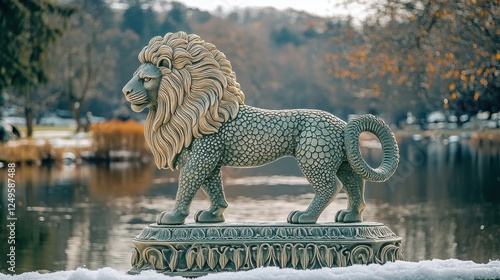 Stone lion statue, park, winter, lake, snow, serene photo