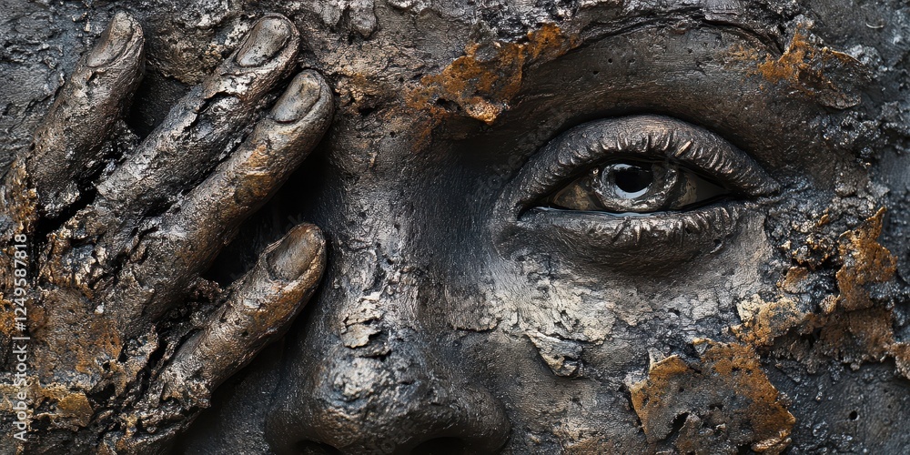 Fragmented sculpture depicts a face partially obscured by a hand Fragmented sculpture depicts a face partially obscured by a hand