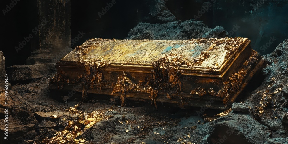 Fototapeta premium Ornate gold covered coffin rests amidst rubble in a dark tomb