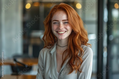 Wallpaper Mural A smiling redhead woman with freckles, wearing a light gray shirt, in a blurred background. Torontodigital.ca