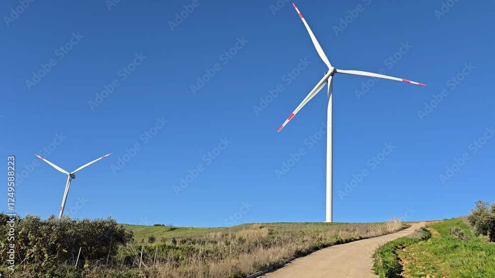 Two wind turbines are located on green hills against a backdrop of a bright blue sky. Modern alternative energy technologies fit organically into the natural landscape. Two wind turbines are located on green hills against a backdrop of a bright blue sky. Modern alternative energy technologies fit organically into the natural landscape.