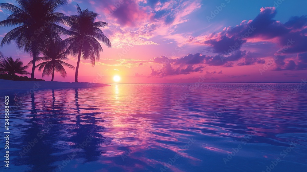Tropical sunset beach; palm trees, ocean reflection; idyllic vacation scene Tropical sunset beach; palm trees, ocean reflection; idyllic vacation scene