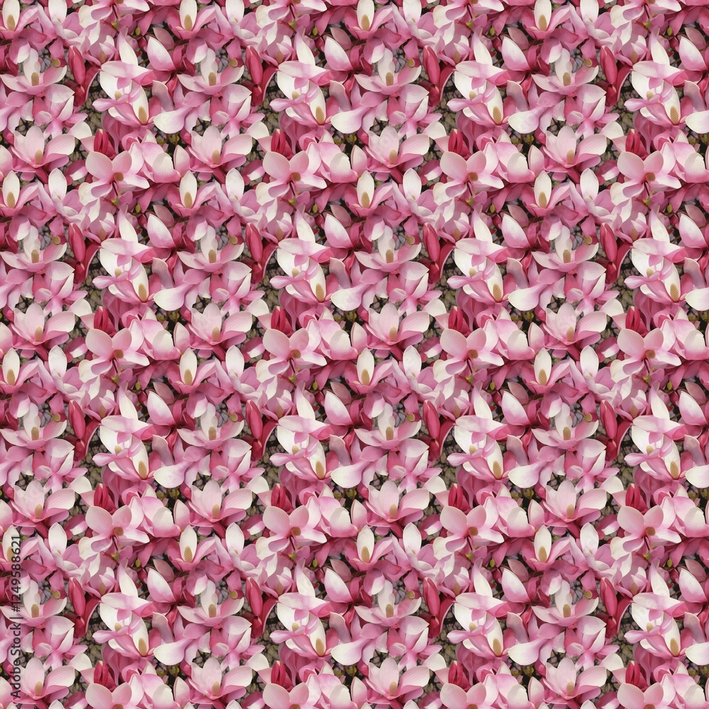 Fototapeta premium Seamless floral pattern featuring densely arranged pink magnolia blossoms with delicate petals and soft green leaves. A romantic and intricate botanical design with a vintage-inspired aesthetic