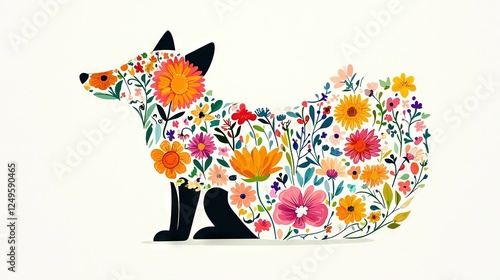   Picture of dog carrying flowers on its back and cat in center