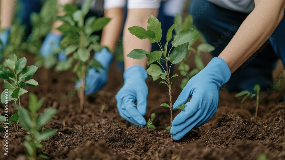 Naklejka premium A person in blue gloves plants a young seedling into rich soil, symbolizing care for nature and environmental sustainability.