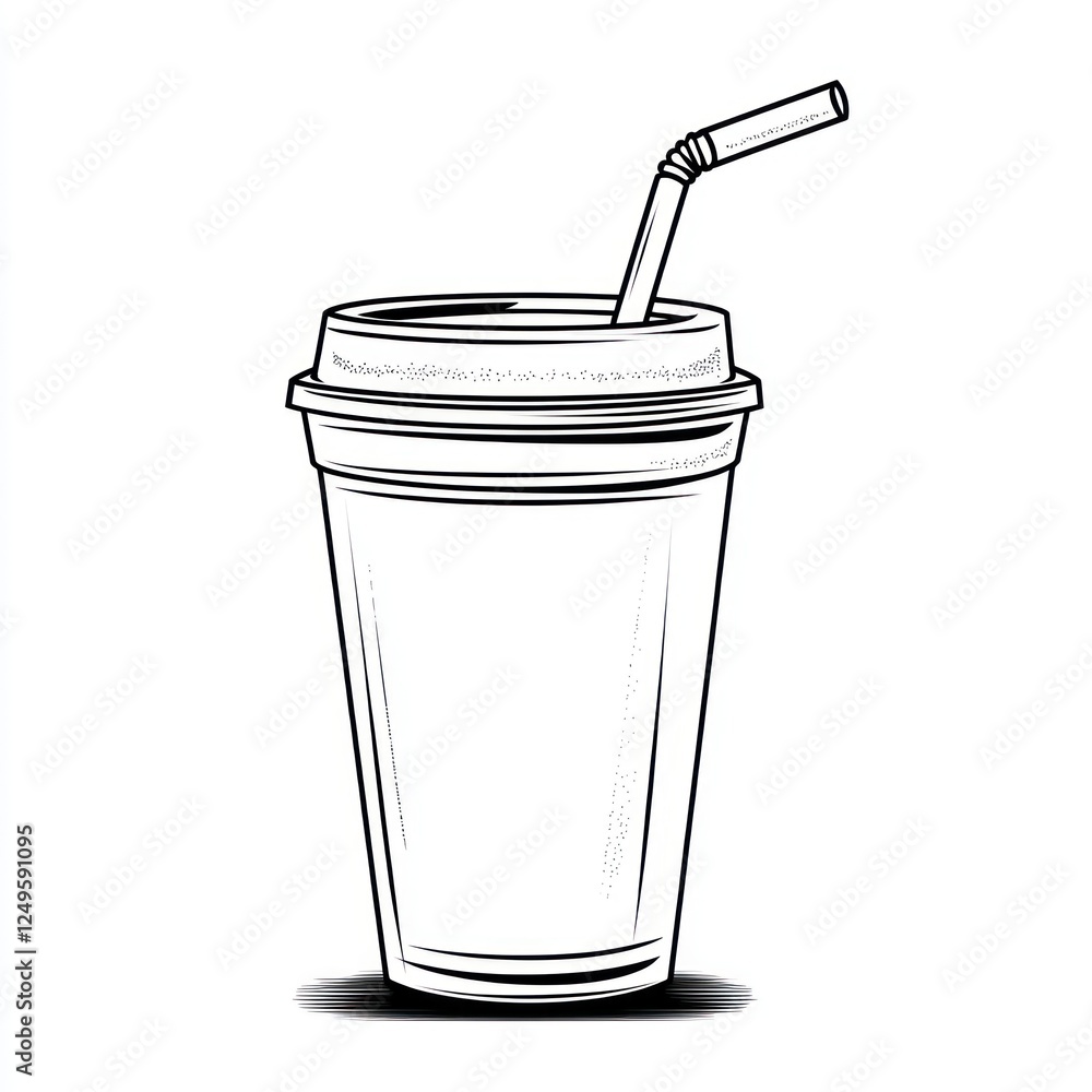 Outline drawing of a disposable coffee cup with a straw, isolated on white background. Possible use Stock photo for food and drink design elements Outline drawing of a disposable coffee cup with a straw, isolated on white background. Possible use Stock photo for food and drink design elements