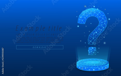 Abstract electric blue digital question mark floating on digital base. Low poly wireframe futuristic question symbol. Help, support and problem symbols on blue technology background
