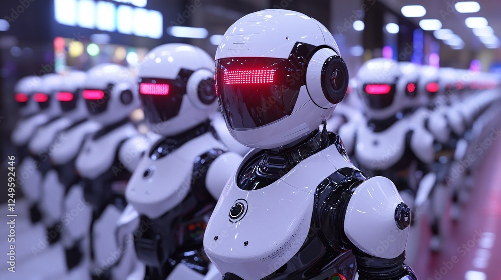 Fototapeta premium A lineup of humanoid robots with red-lit visors, showcasing a futuristic design in a high-tech environment.