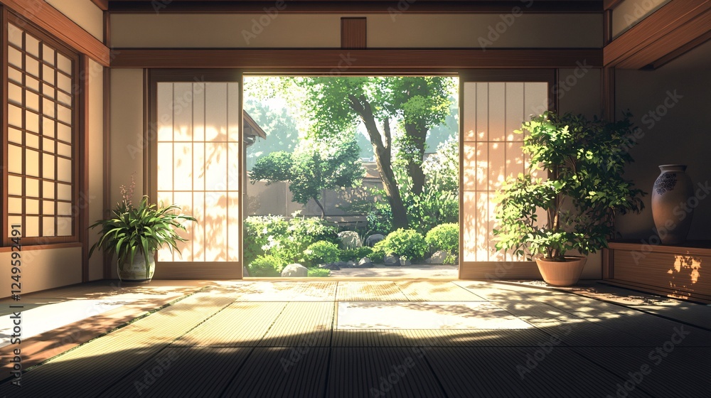 Fototapeta premium A serene interior view with sliding doors revealing a lush garden, sunlight streaming through, creating a peaceful ambiance.
