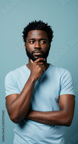 ** Contemplative Man: Deep in Thought Portrait - African American Model, Thinking Face, Light Blue T-Shirt & Background