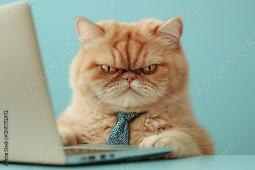 Cute cat with computer laptop on background.