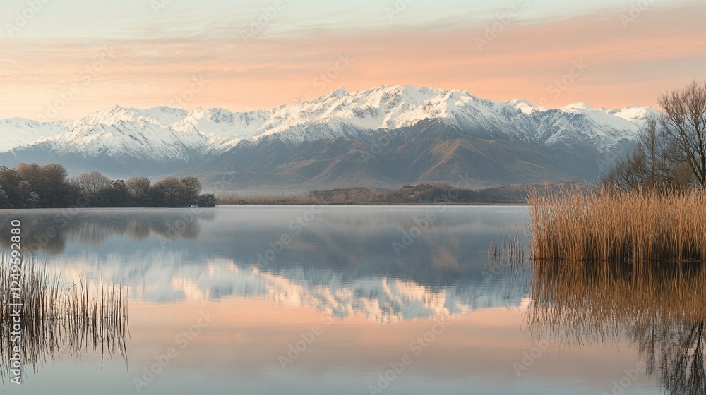 Fototapeta premium Calm lake sunrise, snowy mountains, reeds, peaceful scene