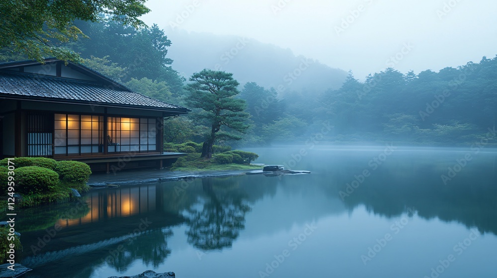 Obraz premium A tranquil lakeside scene at dawn, featuring a traditional building surrounded by mist and greenery, reflecting calmness and serenity.