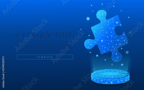 Technology puzzle piece on digital base with futuristic low poly wireframe style. Digital and abstract jigsaw puzzle. Business solution concept