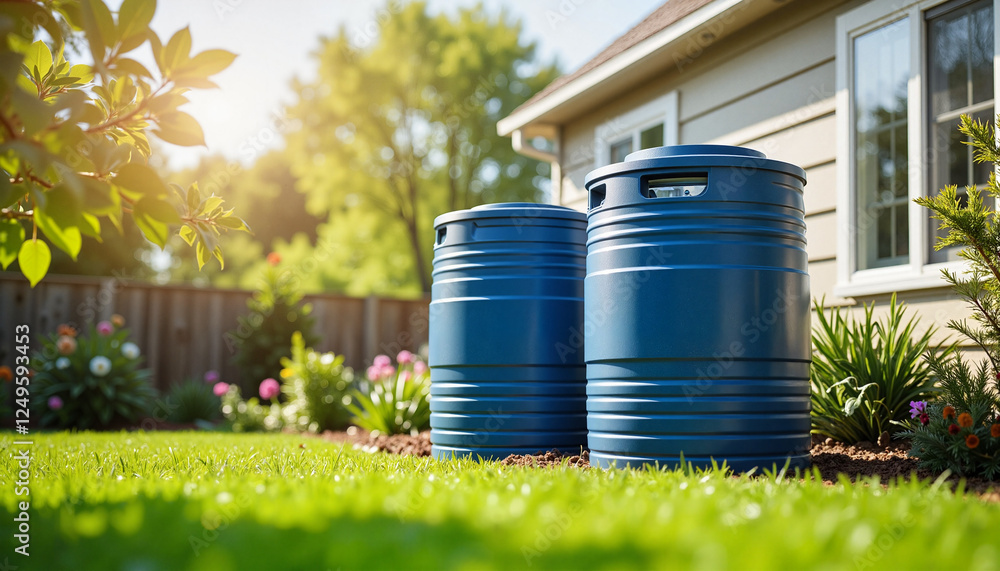 Efficient rainwater collection in suburban backyard, sustainable living Efficient rainwater collection in suburban backyard, sustainable living