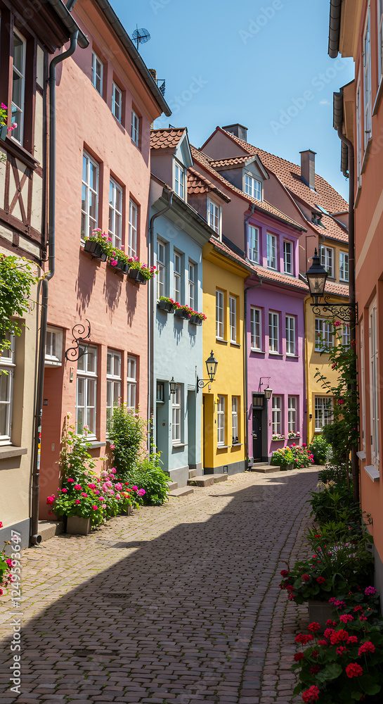 Fototapeta premium Charming Colorful Street: Explore a Picturesque European Town with Vibrant Buildings & Cobblestone Streets!