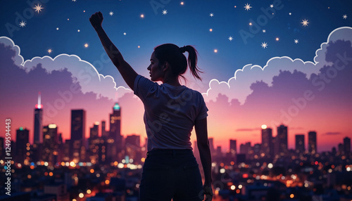 Bold female silhouette raising fist at twilight cityscape, unity symbolism photo