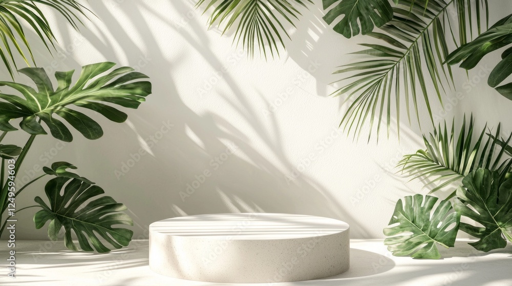 A beautifully designed podium is surrounded by lush green tropical leaves, casting soft shadows on a light background. This serene setting is ideal for presenting spa and wellness products A beautifully designed podium is surrounded by lush green tropical leaves, casting soft shadows on a light background. This serene setting is ideal for presenting spa and wellness products