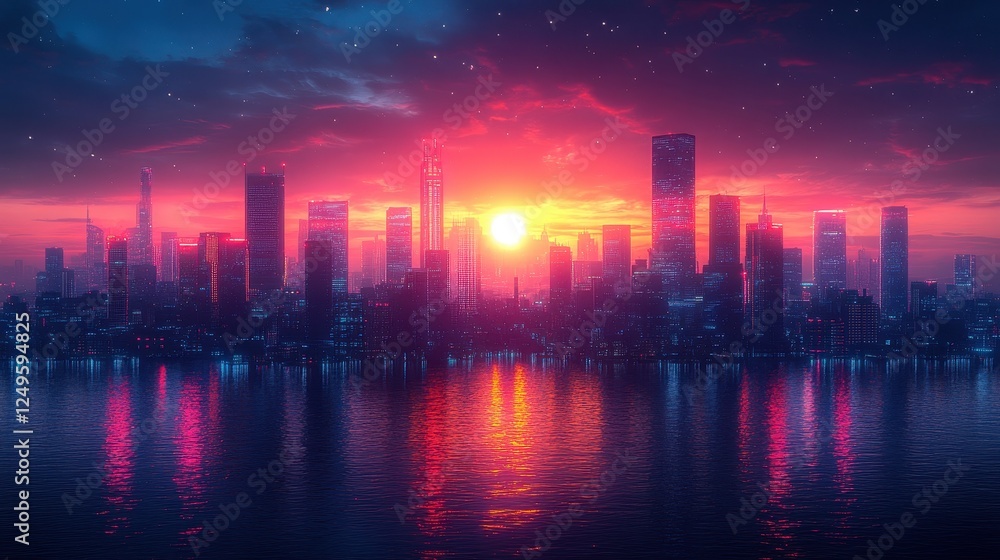 Vibrant city skyline at sunset reflecting on water. Vibrant city skyline at sunset reflecting on water.