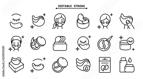 Eye gel patches color icons set. Editable stroke. Simple illustrations of eye mask. Trend care products signs collection. Flat isolated vector signs set on white background.