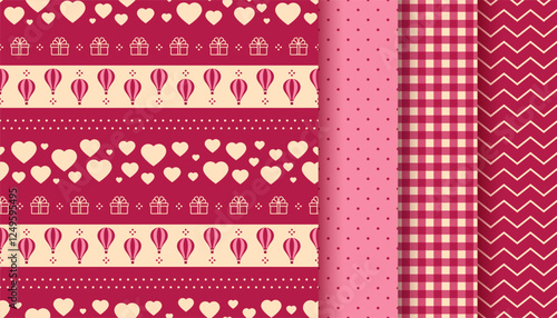 Love seamless pattern. Valentine background. Vintage vinous print with hearts, hot air balloons, dots, zigzag, check. Retro romantic texture. Set cute geometric wrapping papers. Vector illustration