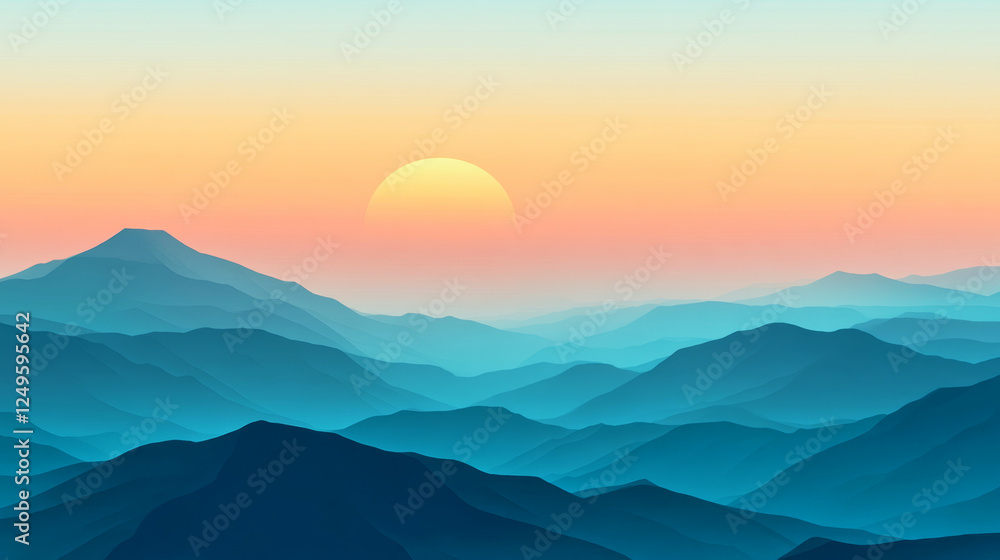 Obraz premium Epic sunrise over a mountain range with pastel skies and tranquil teal shadows