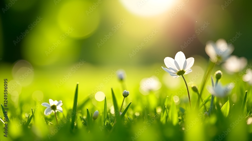 White spring flowers on the green field close up. Copy space. Banner. Blurred background. White spring flowers on the green field close up. Copy space. Banner. Blurred background.
