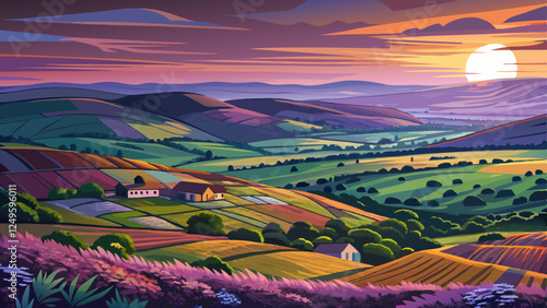 Quadro em tela Panorama at Twilight over Rothbury Heather, on the terraces, which walk offers v
