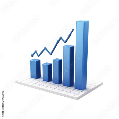 A blue bar graph with a line chart overlay illustrating data trends on a white base, isolated on transparent background, png