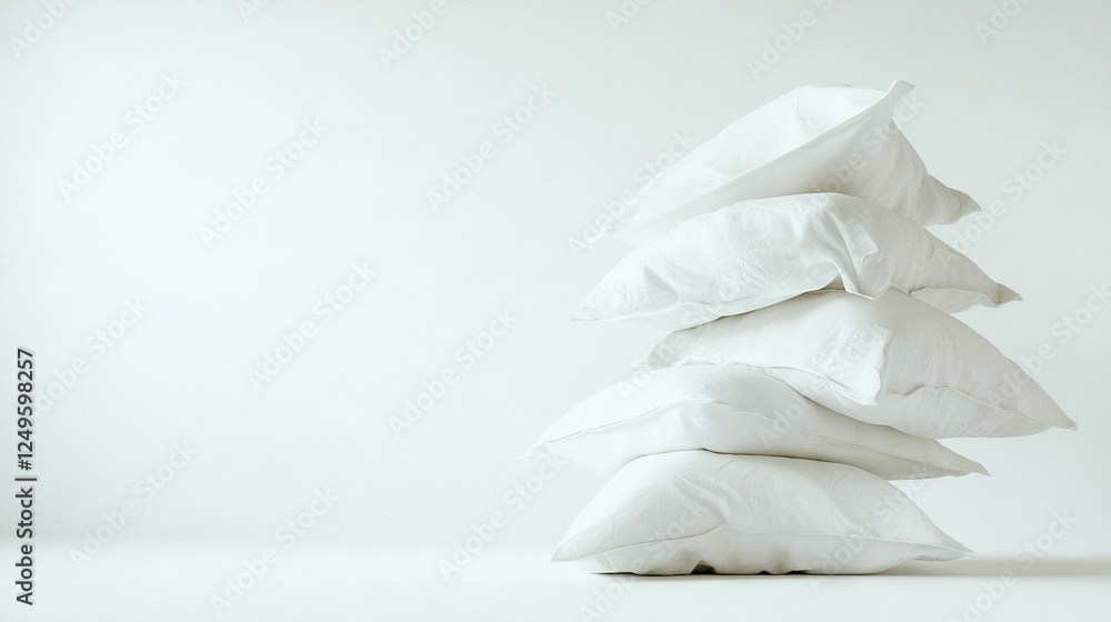 A neat stack of white pillows rests atop a crisp white tablecloth, adorning the tabletop A neat stack of white pillows rests atop a crisp white tablecloth, adorning the tabletop