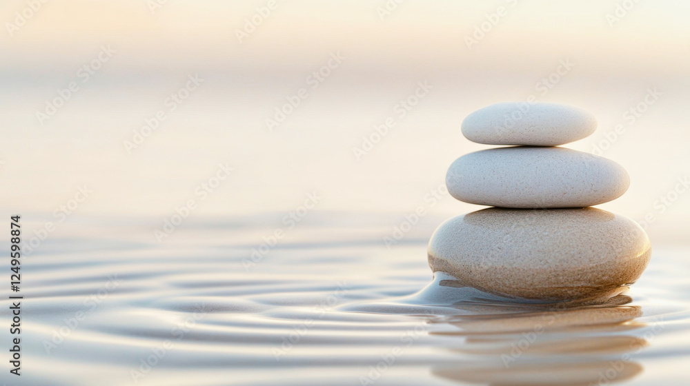 Peaceful arrangement of beach pebbles in tranquil water at sunrise Peaceful arrangement of beach pebbles in tranquil water at sunrise