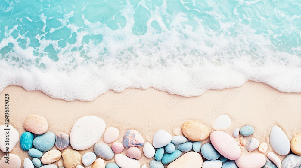 Fototapeta premium Bright pebbles on a serene beach with gentle waves at sunset