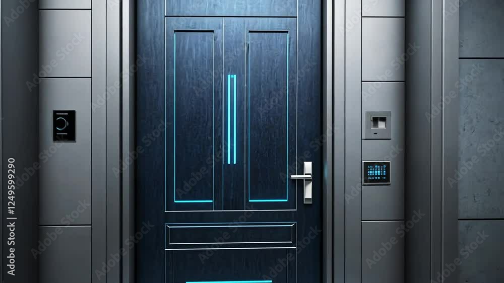 Modern futuristic door with illuminated accents and a digital lock panel on gray wall Modern futuristic door with illuminated accents and a digital lock panel on gray wall