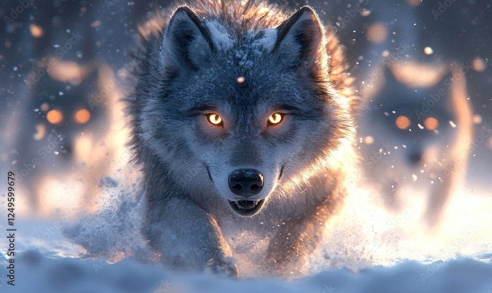 Naklejka premium A majestic wolf strides through snow, illuminated by a mystical glow, with other wolves in the background.
