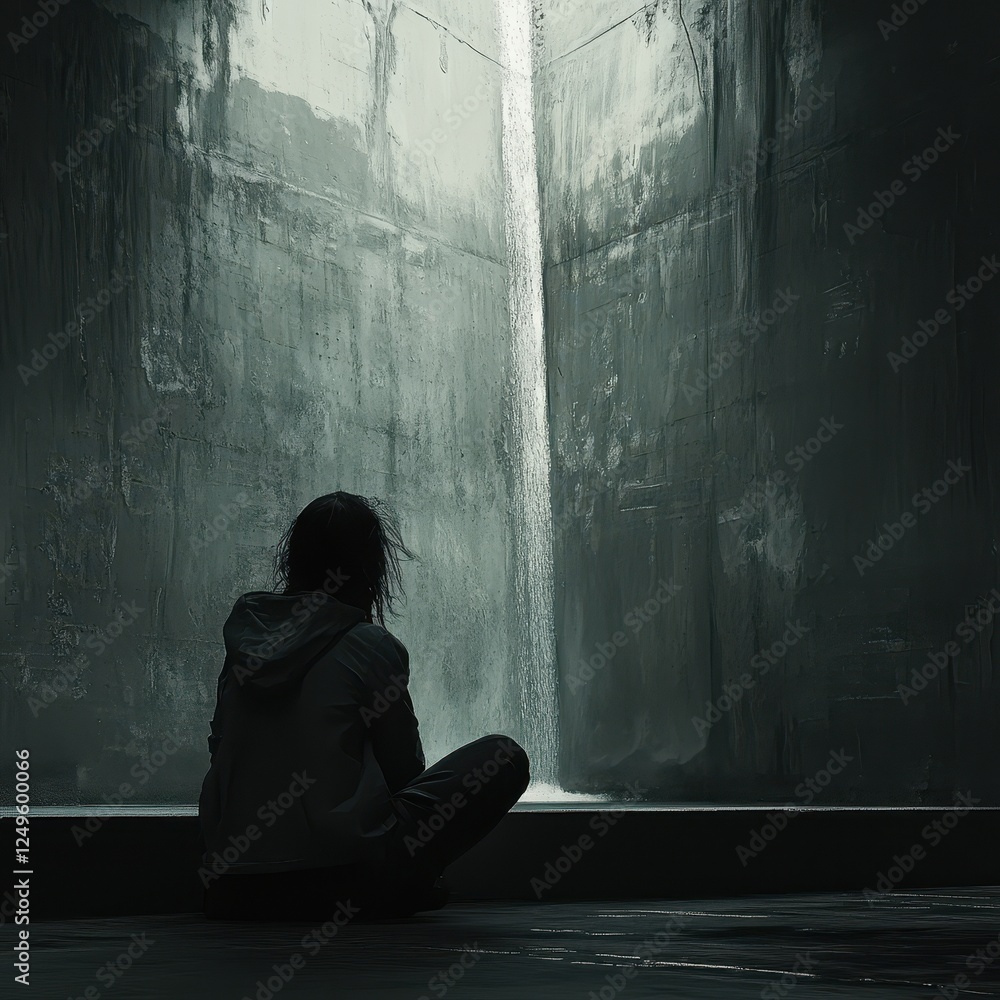 A lone hooded figure sits before a vertical waterfall indoors A lone hooded figure sits before a vertical waterfall indoors