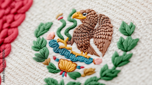 A close-up of an intricate embroidery depicting the Mexican flags emblem, featuring a detailed eagle, serpent, and laurel leaves. The vibrant threads showcase craftsmanship and national pride. photo